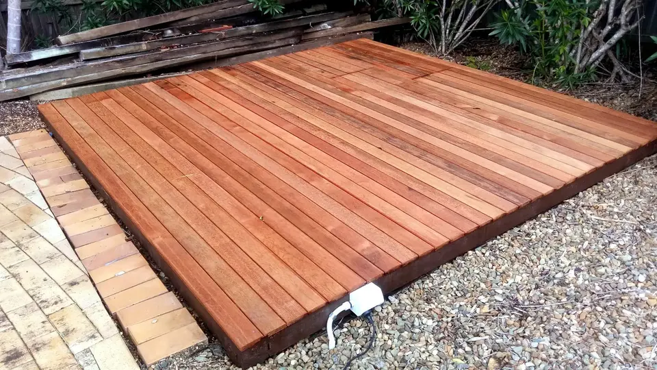 restored timber deck platform in a garden